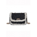 Chic Plaid Pattern Lace Pearl Embellishment Hairy Square Crossbody Bag 19*9*13 CM