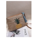 Summer Fashion Pineapple Embroidery Pattern Khaki Straw Fringe Crossbody Shoulder Bag 21*5*29 CM