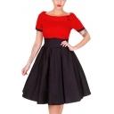 New Stylish Off the Shoulder Short Sleeve Color Block Plain Mini Flare Dress for Women