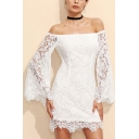 Women's Sexy Off The Shoulder Long Sleeve Plain Print Lace Patchwork Mini Nightclub White Dress