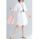 Women's Lovely Striped Embroidered Cartoon Pattern Button Detail Round Neck Half Sleeve Midi Casual Shirt White Dress With Pockets