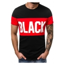 New Fashion BLACK Letter Print Colorblock Round Neck Short Sleeve Fitted T-Shirt for Men