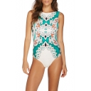 New Trendy Ethnic Pattern Backless Tied Back Sleeveless One Piece Swimsuit for Women