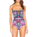 New Trendy Ethnic Floral Printed Halter Neck Red One Piece Swimsuit Swimwear for Women