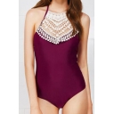 New Trendy Fashion Crochet Tassel Halter Neck Purple One Piece Swimsuit for Women