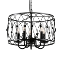 Candle Living Room Chandelier with Drum Shape Metal 6 Lights Traditional Hanging Light in Black