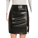 Womens Simple Plain High Rise Grommet Lace-Up Slit Side Black Mini Bodycon PU Skirt