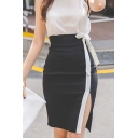 Womens Fashion Black and White Colorblock Bow-Tied Waist Slit Side Bodycon Skirt