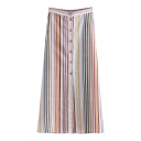 Womens New Stylish High Rise Colorful Stripe Printed Button Down Long A-Line Skirt