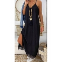 Womens New Trendy Lace-Trim Split Side Solid Color Black Maxi Casual Loose Cami Dress