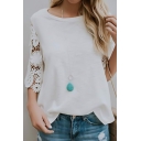 Summer Hot Fashion Solid Color Round Neck Hollow Out Lace Sleeve Relaxed T-Shirt
