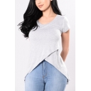 omens Solid Color Round Neck Short Sleeve Longline Irregular T-Shirt