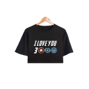 Unique Cool Iron Letter I LOVE YOU 3000 Short Sleeve Round Neck Cropped T-Shirt