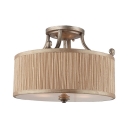 Drum Dining Room Semi Ceiling Mount Light Fabric 3 Lights Rustic Style Ceiling Lamp in Beige
