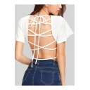 Womens Sexy Crisscross Strappy Hollow Out Back Short Sleeve White Cropped Tee