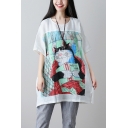 Summer Womens Plus Size Cute Cartoon Cat Printed Round Neck Tunic Oversized Linen T-Shirt