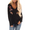 Womens Chic Floral Embroidery Long Sleeve V-Neck Tied Hem Button Down Black T-Shirt