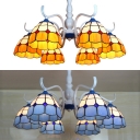 Yellow/Blue Dome Semi Ceiling Mount Light 6 Lights Tiffany Style Overhead Light for Hotel