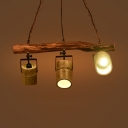 Antique Cylinder Island Lighting 3 Lights Metal and Wood Pendant Lighting in Brown
