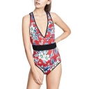 New Fashion Red Floral Printed Plunged Neck Womens Slim Fit One Piece Swimsuit Swimwear