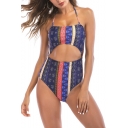 Womens Ethnic Style Fashion Printed Blue Halter Neck Knotted Back Cutout Front One Piece Swimsuit