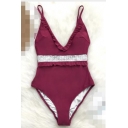 Womens New Fashion Lace Trimmed Ruffle Hem Plunged Neck One Piece Swimsuit in Burgundy