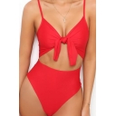 Women's Hot Fashion Tied Front Cutout Front Spaghetti Straps Plain One Pieces Swimwear