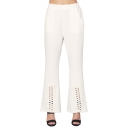 Summer Fashion Simple Plain Hollow Out Hem Womens White Flare Pants