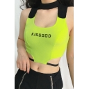 Girls Streetwear Cool Flourescent Green Halter Neck Cutout Patchwork Cropped Tank Top