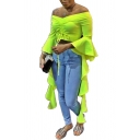 Womens Street Fashion Green V-Neck Extra Long Flared Sleeve Drawstring Front Slim Cropped T-Shirt