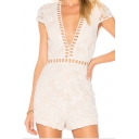 Women's New Trendy White Hollow Out Lace Sexy V-Neck Slim Fit Romper Playsuit