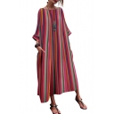 Women's Hot Fashion Ethnic Stripes Round Neck Long Sleeves Loose Maxi Dress With Pockets