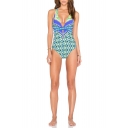 New Fashion Ethnic Floral Printed Halter Neck Plunged One Piece Blue Swimsuit Swimwear for Women