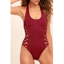 Popular Simple Plain Halter Neck Backless Hollow Out Lace-Up Side High Leg Womens One Piece Swimsuit in Burgundy