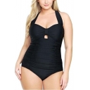 New Fashion Hollow Out Front Halter Neck Ruched Detail Plain One Pieces Swimwear