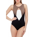 New Trendy Colorblock V-Neck Strappy Back Womens One Piece Swimsuit