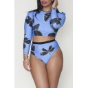 Women's Plus Size Butterfly Printed Long Sleeve Blue Rash Guard Two-Piece Swimwear