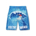 RIO THE WIND Whale Wave Print Drawstring Waist Quick Dry Blue Swim Trunks for Men