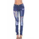 Women's Trendy Distressed Ripped Detail Blue Skinny Fit Jeans