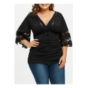 Women's Plus Size Lace Panel Half Sleeve V-Neck Black Pleated Fitted T-Shirt