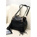 New Fashion Solid Color Tassel Designed Multipurpose Black PU Leather Shoulder Bag Satchel Backpack 21*11*28 CM