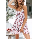 Summer Chic Brown Floral Printed Tassel Tied Strap Bow Front Mini Slip Dress