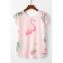 Hot Fashion Summer Flamingo Tropical Printed Pink Round Neck Short Sleeve Basic T-Shirt
