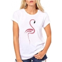 Womens Hot Fashion Flamingo Printed Basic Round Neck Short Sleeve White Tee