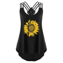 Women's Summer Sunflower Printed Strappy Scoop Neck Tank Top