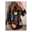 Floral Print Long Sleeve Round Neck Black Cut Out Back Mini Bodycon Dress