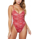 Womens Sexy V-Neck Fashion Floral Printed High Leg Red One Piece Swimsuit Swimwear