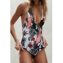Summer Trendy Tropical Leaf Printed Plunged Neck Crisscross Back One Piece Swimsuit for Women