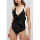 Hot Fashion Ruffled Hem V-Neck Spaghetti Straps Plain One Piece Swimsuit