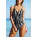 New Trendy Black and White Vertical Striped Printed Crisscross Back V-Neck One Piece Swimsuit